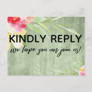 Colourful Watercolor Rustic Green Wood Floral RSVP Postcard