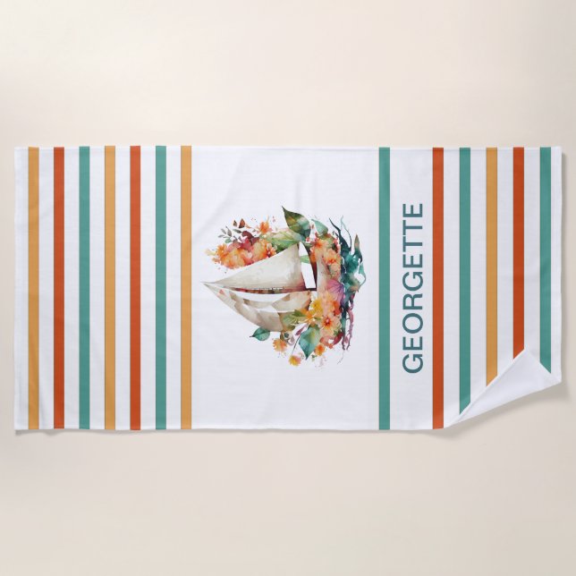 Colourful Watercolor Sailboat Monogramed  Beach To Beach Towel (Front)