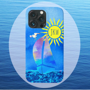 Colourful Watercolor Sailboat Sun Seagull Waves iPhone 13 Pro Case