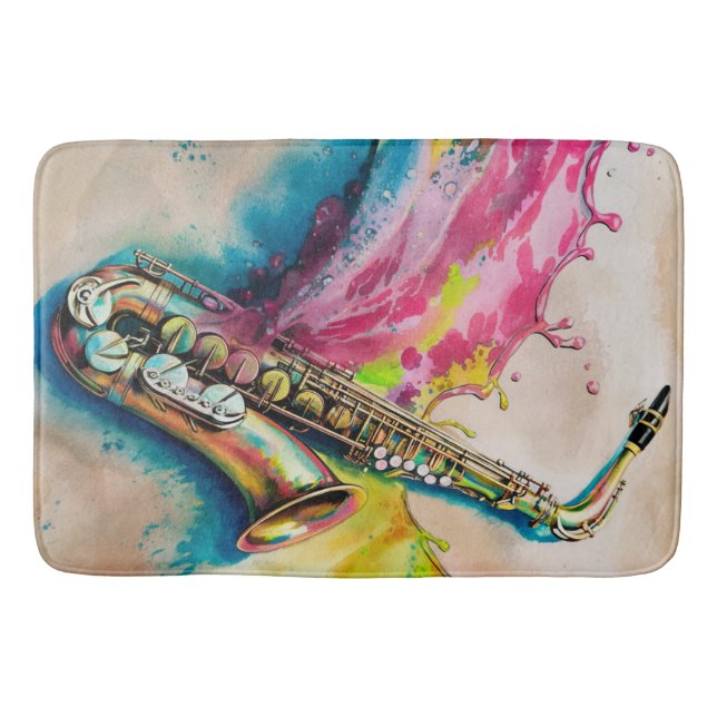 Colourful Watercolor Saxophone Splash Bath Mat (Front)