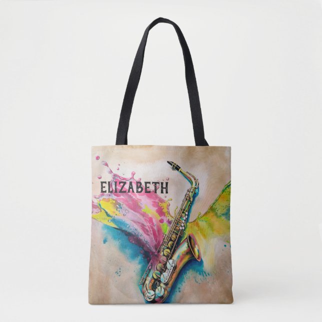 Colourful Watercolor Saxophone Splash Custom Tote Bag (Front)