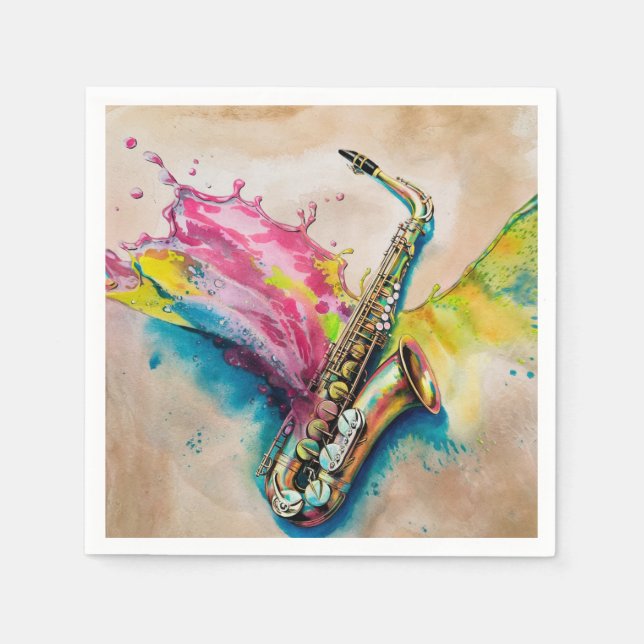 Colourful Watercolor Saxophone Splash Napkin (Front)
