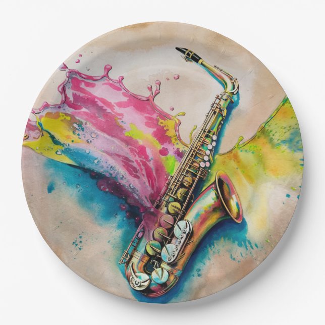 Colourful Watercolor Saxophone Splash Paper Plate (Front)
