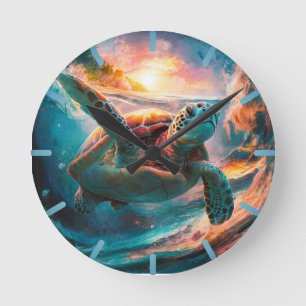 Colourful Watercolor Sea Turtle Round Clock