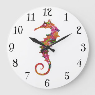Colourful watercolor seahorse large clock