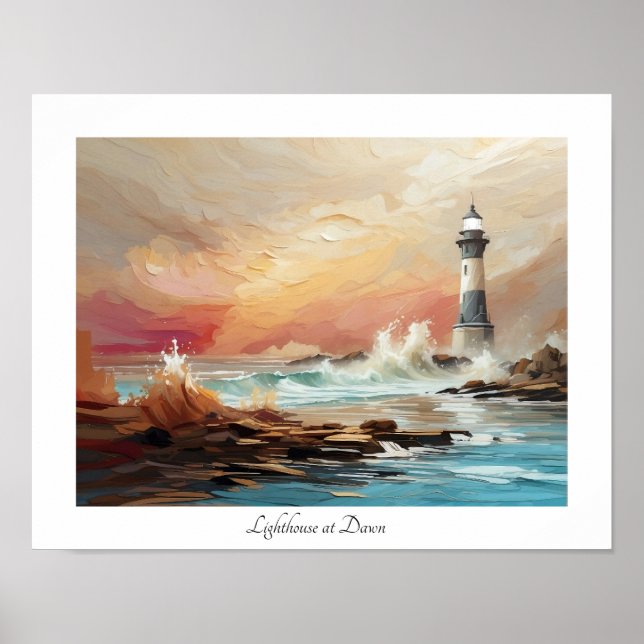 Colourful Watercolor Seaside Lighthouse at Dawn Poster (Front)