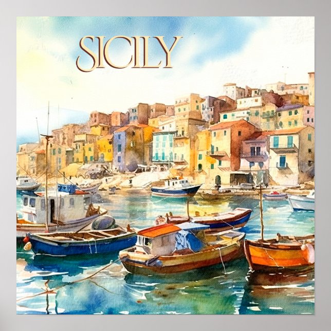 Colourful Watercolor Sicily Harbour Travel Poster (Front)
