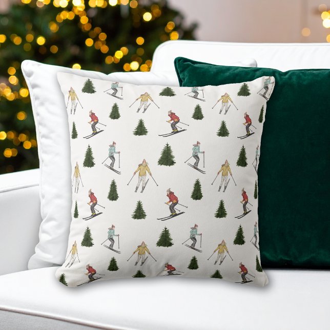 Colourful Watercolor Skiers Festive Holiday Patter Throw Pillow (Creator Uploaded)