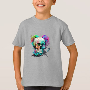 Colourful Watercolor Skull Heart and Flowers T-Shirt