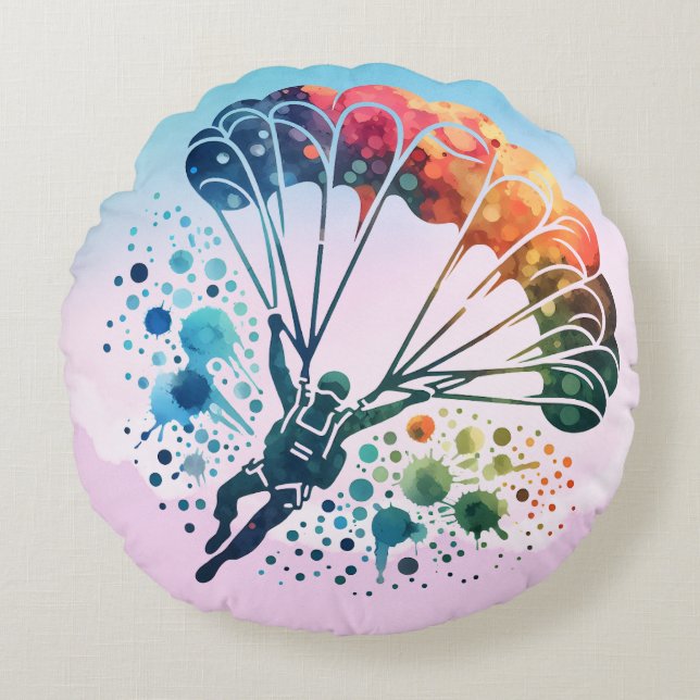 Colourful Watercolor Skydiver Round Pillow (Front)
