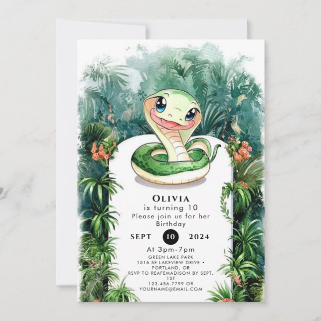 Colourful Watercolor Snake Birthday Invitation (Front)