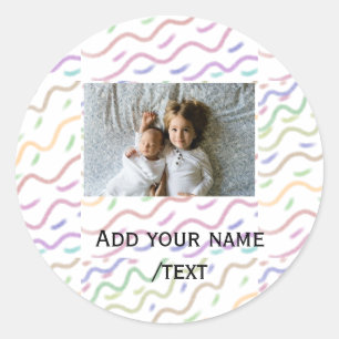 Colourful watercolor spiral pattern add photo name classic round sticker