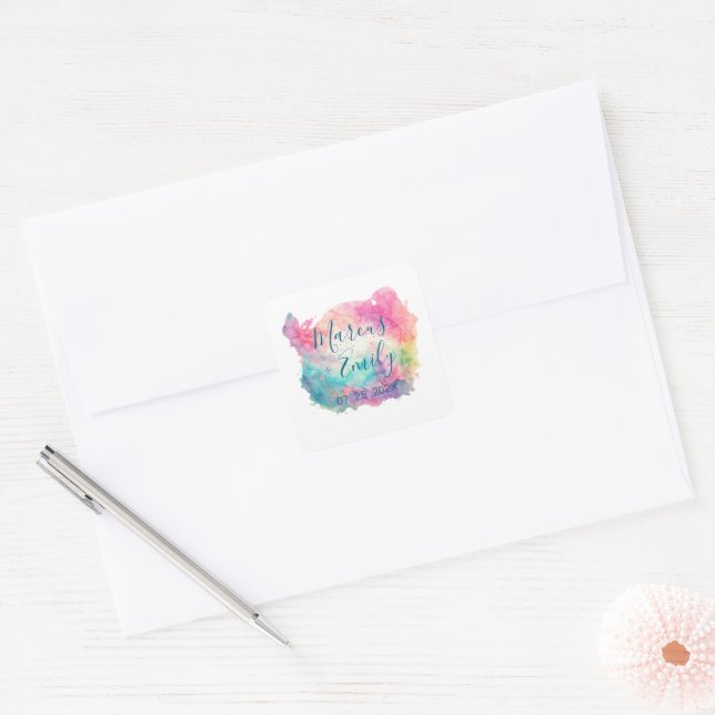 Colourful Watercolor Splash Minimalist Square Sticker (Envelope)