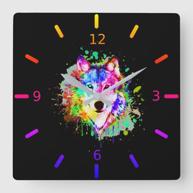 Colourful Watercolor Splash Wolf Square Wall Clock (Front)