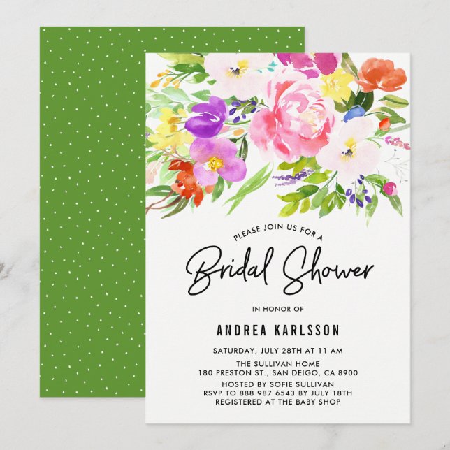 Colourful Watercolor Spring Blooms Bridal Shower Invitation (Front/Back)
