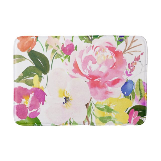 Colourful Watercolor Spring Blooms Floral Bath Mat (Front)