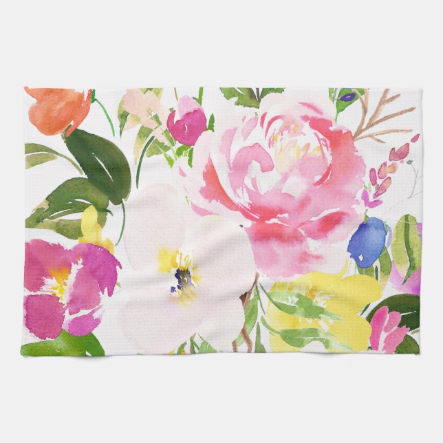 Colourful Watercolor Spring Blooms Floral Kitchen Towel (Horizontal)