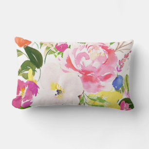 Colourful Watercolor Spring Blooms Floral Lumbar Pillow