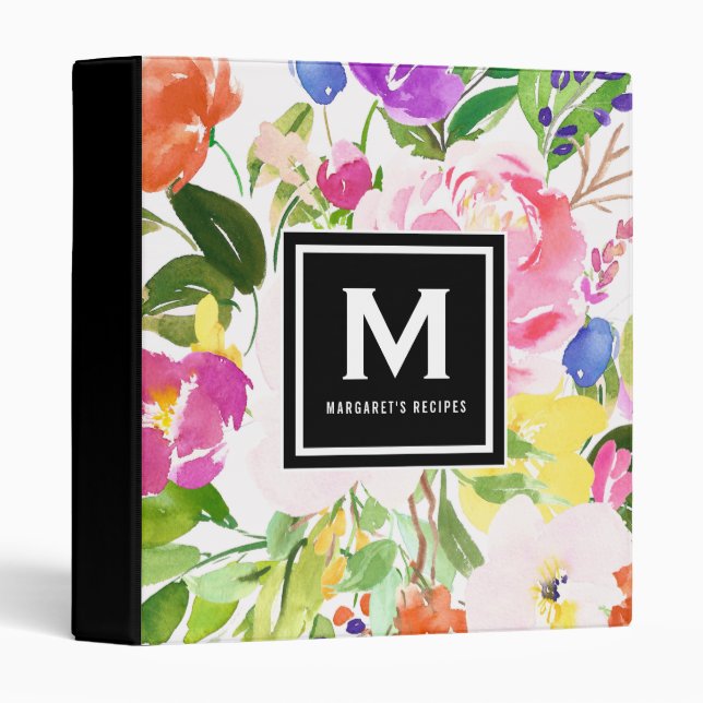 Colourful Watercolor Spring Blooms Floral Monogram Binder (Front/Spine)