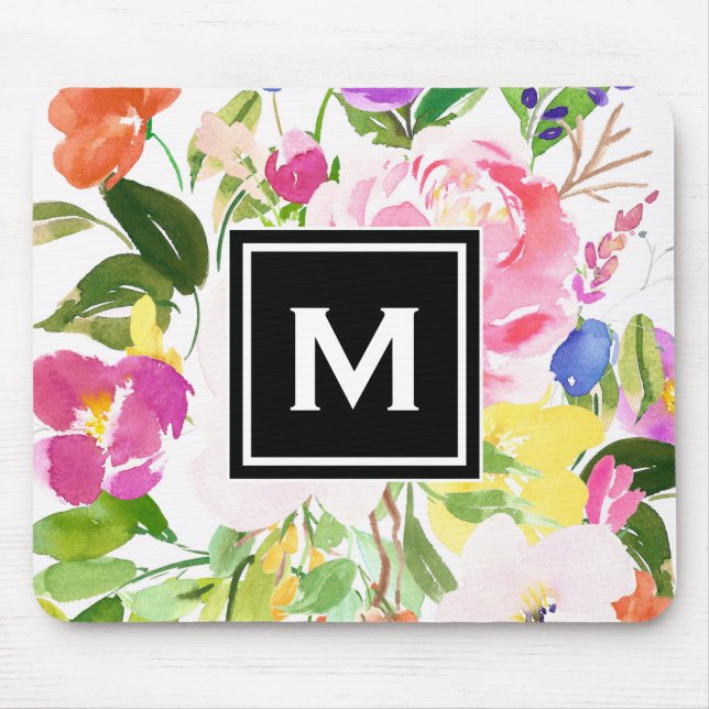 Colourful Watercolor Spring Blooms Floral Monogram Mouse Pad (Front)