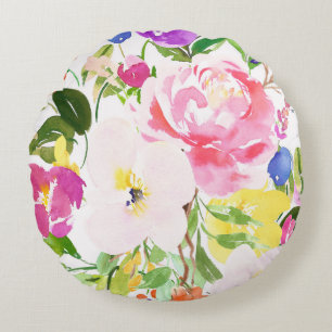 Colourful Watercolor Spring Blooms Floral Round Pillow