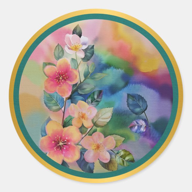 Colourful Watercolor Spring Branch with Flowers  Classic Round Sticker (Front)