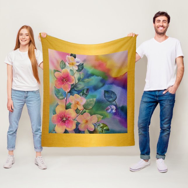 Colourful Watercolor Spring Branch with Flowers  Fleece Blanket (In Situ)