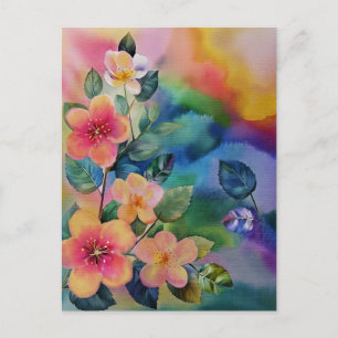 Colourful Watercolor Spring Branch with Flowers  Postcard