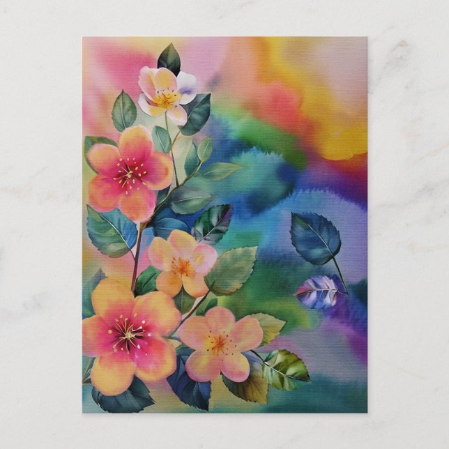 Colourful Watercolor Spring Branch with Flowers  Postcard (Front)