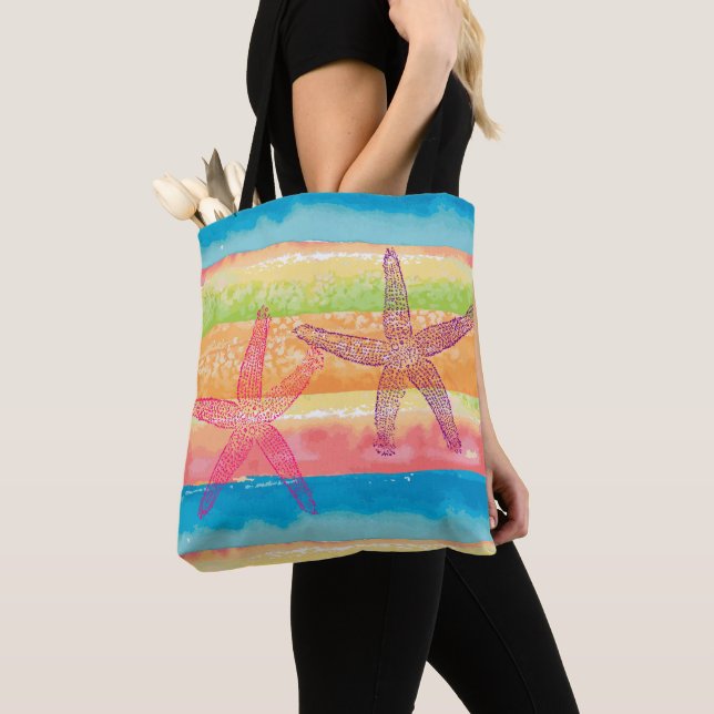 Colourful Watercolor Stripes and Starfish Tote Bag (Close Up)