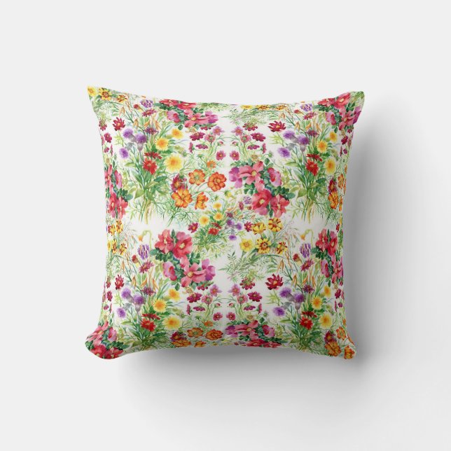 Colourful Watercolor Summer Flowers Throw Pillow (Front)