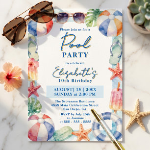Colourful Watercolor Summer Pool Party Birthday Invitation