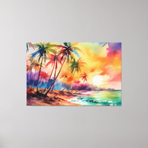 Colourful watercolor sunset Tropical XL art Canvas Print