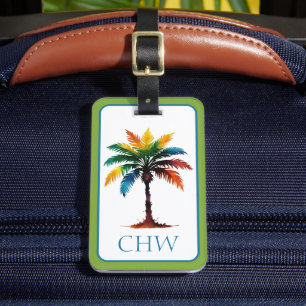 Colourful Watercolor Tropical Palm Tree Monogram Luggage Tag