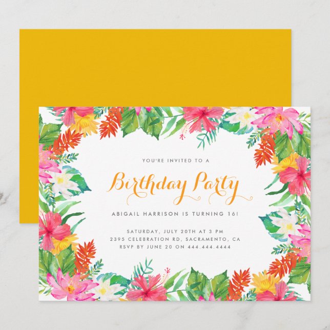 Colourful Watercolor Tropical Summer Birthday Part Invitation (Front/Back)
