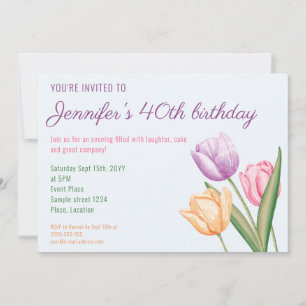 Colourful Watercolor Tulip Flowers 40th Birthday Invitation