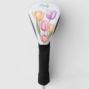 Colourful Watercolor Tulip Flowers With Custom Nam Golf Head Cover