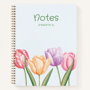 Colourful Watercolor Tulip Flowers With Custom Tex Notebook