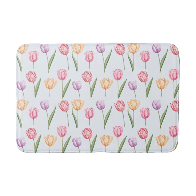 Colourful Watercolor Tulips Flower Pattern Bath Mat (Front)