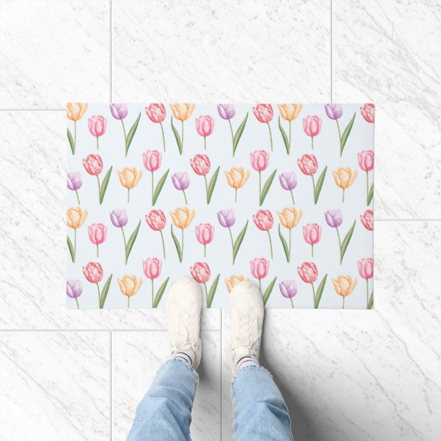 Colourful Watercolor Tulips Flower Pattern Doormat (Indoor)