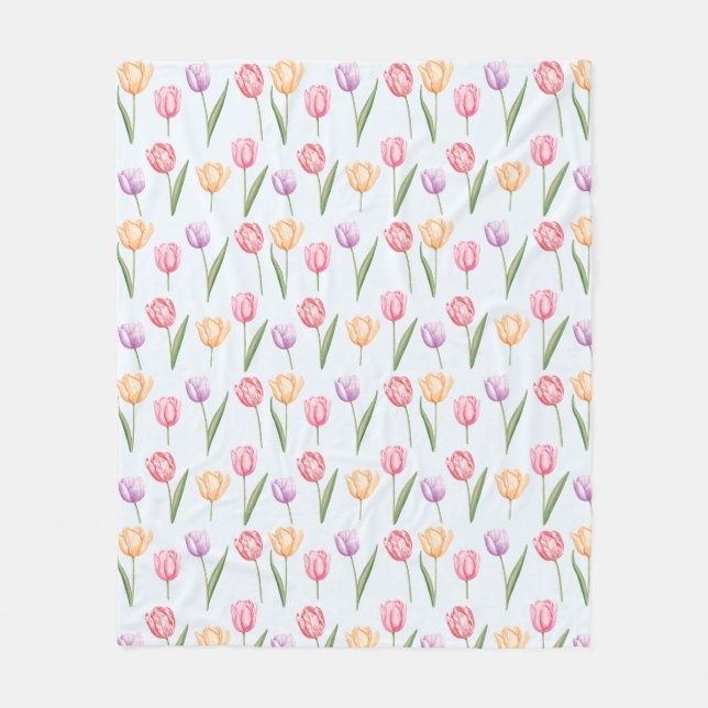 Colourful Watercolor Tulips Flower Pattern Fleece Blanket (Front)