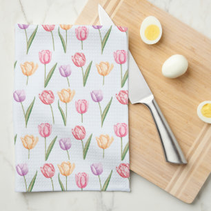 Colourful Watercolor Tulips Flower Pattern Kitchen Towel