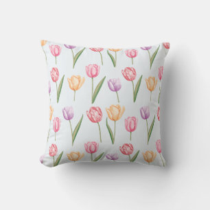 Colourful Watercolor Tulips Flower Pattern Throw Pillow