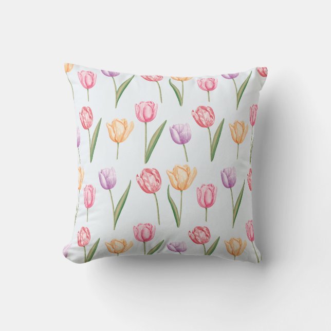 Colourful Watercolor Tulips Flower Pattern Throw Pillow (Front)