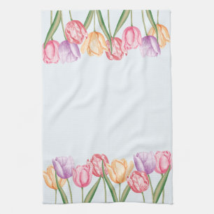 Colourful Watercolor Tulips On Light Blue Kitchen Towel