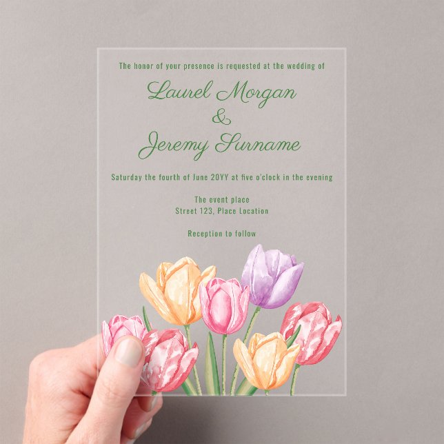 Colourful Watercolor Tulips Spring Wedding Acrylic Invitations (Insitu (Handheld))