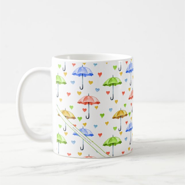 Colourful Watercolor Umbrellas and Falling Hearts Coffee Mug (Left)