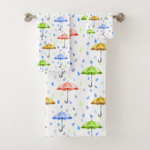 Colourful Watercolor Umbrellas and Rain Drops Fall Bath Towel Set