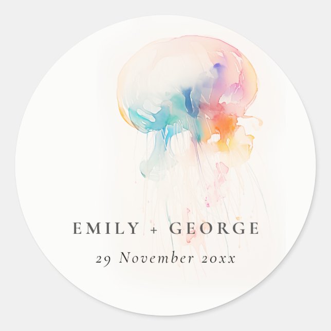 Colourful Watercolor Underwater Jellyfish Wedding Classic Round Sticker (Front)