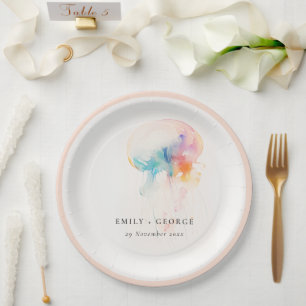 Colourful Watercolor Underwater Jellyfish Wedding Paper Plate